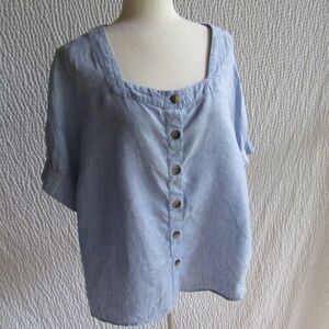 Solid Blue Linen Top XL Short Sleeve M & S Collection Shirt Elastic Sleeve